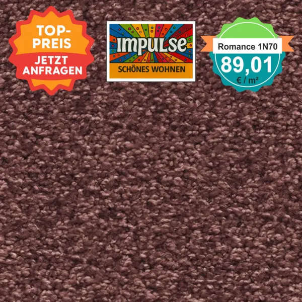 Teppichmuster mit Label „Impulse WOLFSBURG“ und Badge „Romance 1N70 – 89,91 €/m²“